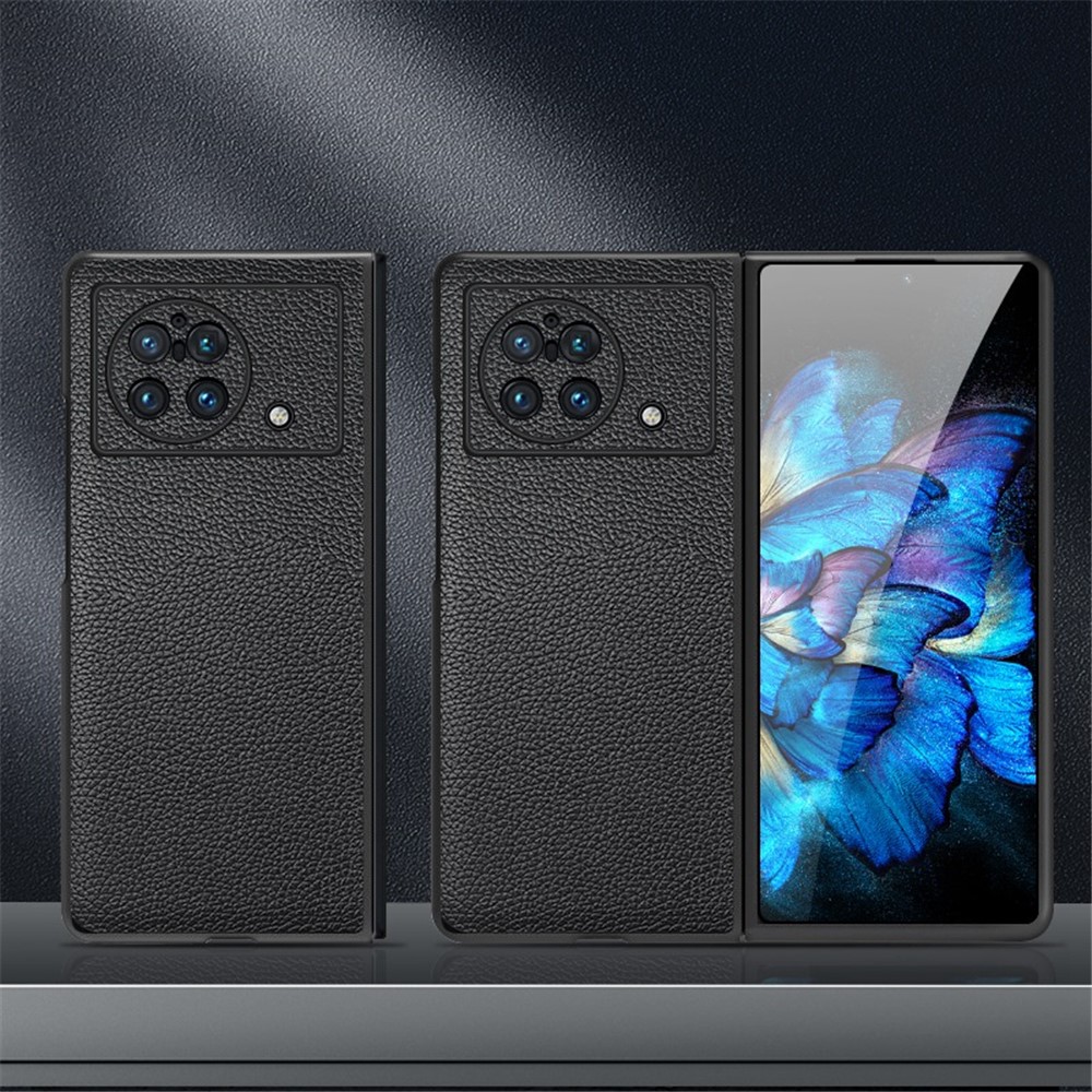 For vivo X Fold Litchi Texture Genuine Leather Cowhide Leather Coated PC Phone Case Protective Back Cover - Black-7