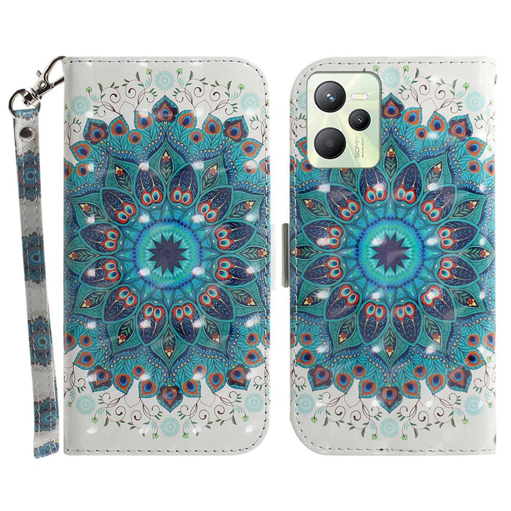 For Realme C35 PU Leather Wallet Case 3D Pattern Printing Handbag Magnetic Clasp Full Protection Folio Flip Stand Cover with Strap - Peacock Wreath-1