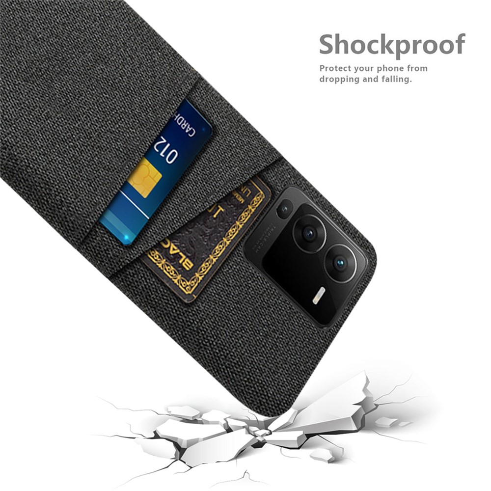 For vivo S15 5G Phone Case with Dual Card Slots Cloth + PC Slim Back Case Cloth Texture Protective Phone Cover - Black-4