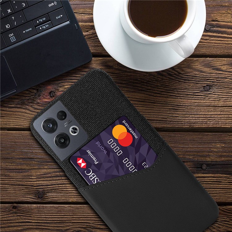 For Oppo Reno8 Pro 5G Anti-fall Shockproof Cloth Texture Phone Case Card Holder PU Leather Coated PC Protective Cover - Black-4
