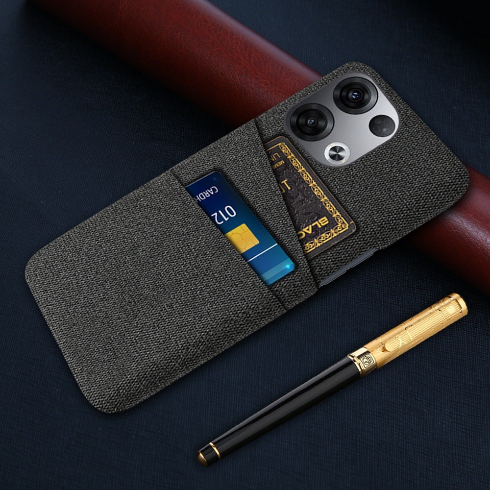 For Oppo Reno8 Pro+ 5G Shockproof Phone Case Cloth Texture PU Leather Coated PC Protective Cover with Two Card Slots - Black-5