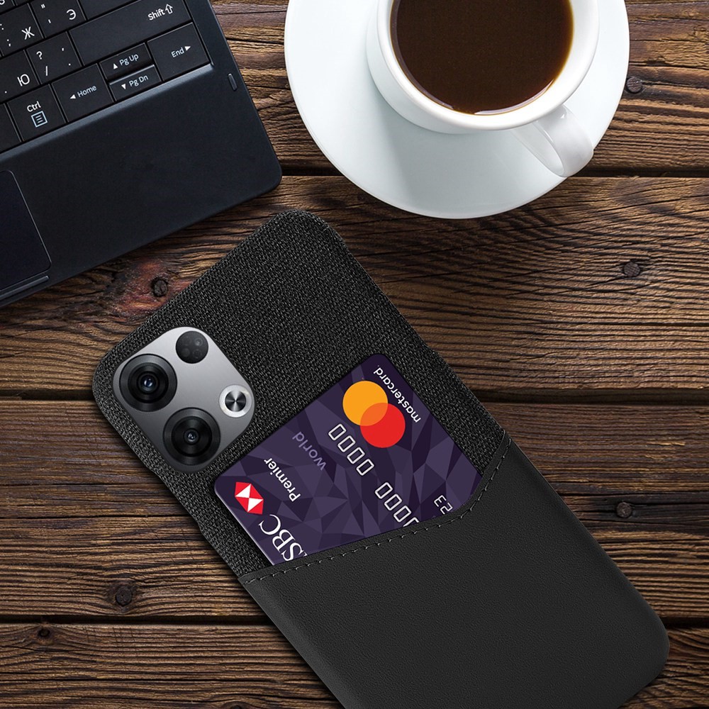 For Oppo Reno8 Pro+ 5G Anti-scratch Phone Case Cloth Texture PU Leather Coated PC Protective Cover Card Holder - Black-4