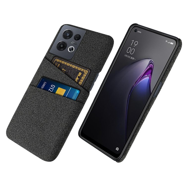 For Oppo Reno8 Pro 5G Wear-resistant Phone Case Non-slip Cloth Texture PU Leather Coated PC Protective Cover with Two Card Slots - Black-1