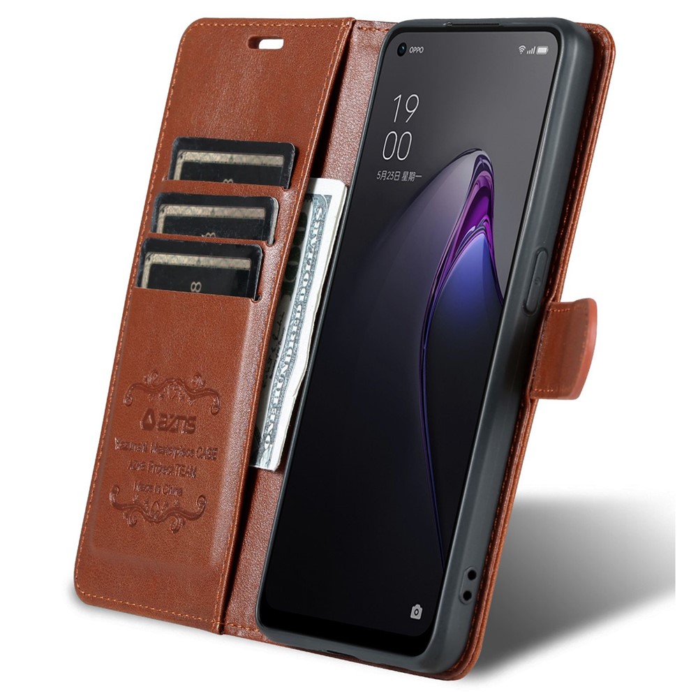 AZNS for Oppo Reno8 Pro 5G Well Protection Textured PU Leather Stand Flip Case Wallet Magnetic Closure Shockproof Mobile Phone Cover - Brown-5