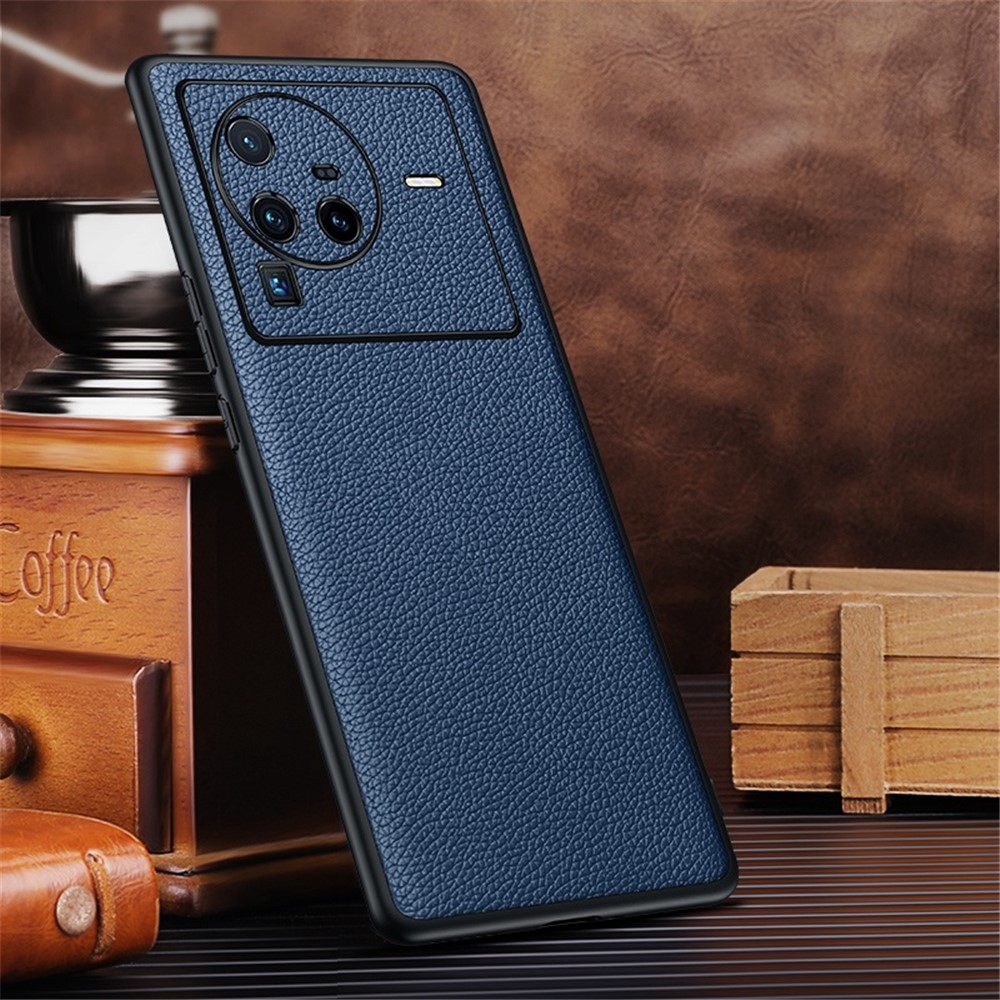 Precise Cutout Litchi Texture Phone Case for vivo X80 Pro, Genuine Cowhide Leather Coated TPU Cover with Lens Protection - Sapphire-2