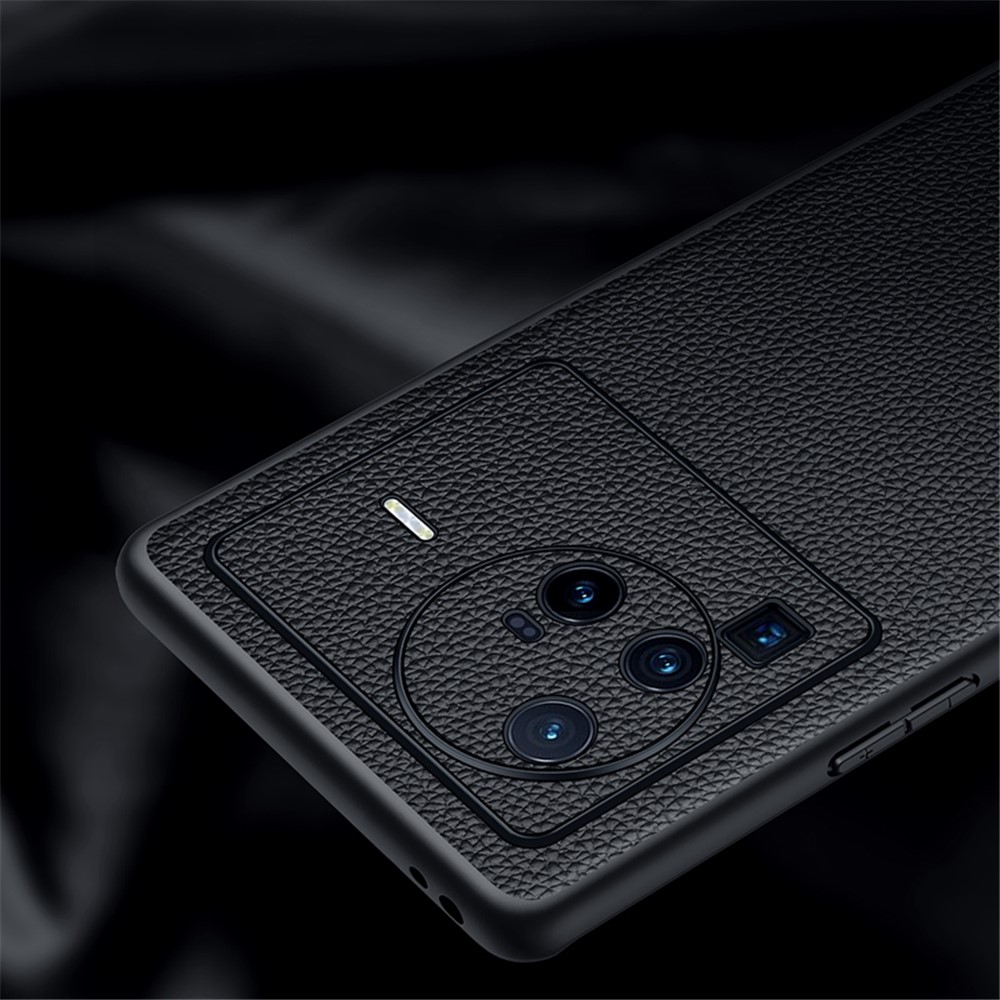 Precise Cutout Litchi Texture Phone Case for vivo X80 Pro, Genuine Cowhide Leather Coated TPU Cover with Lens Protection - Sapphire-3