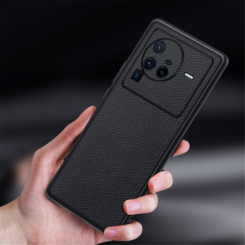 Precise Cutout Litchi Texture Phone Case for vivo X80 Pro, Genuine Cowhide Leather Coated TPU Cover with Lens Protection - Sapphire-5