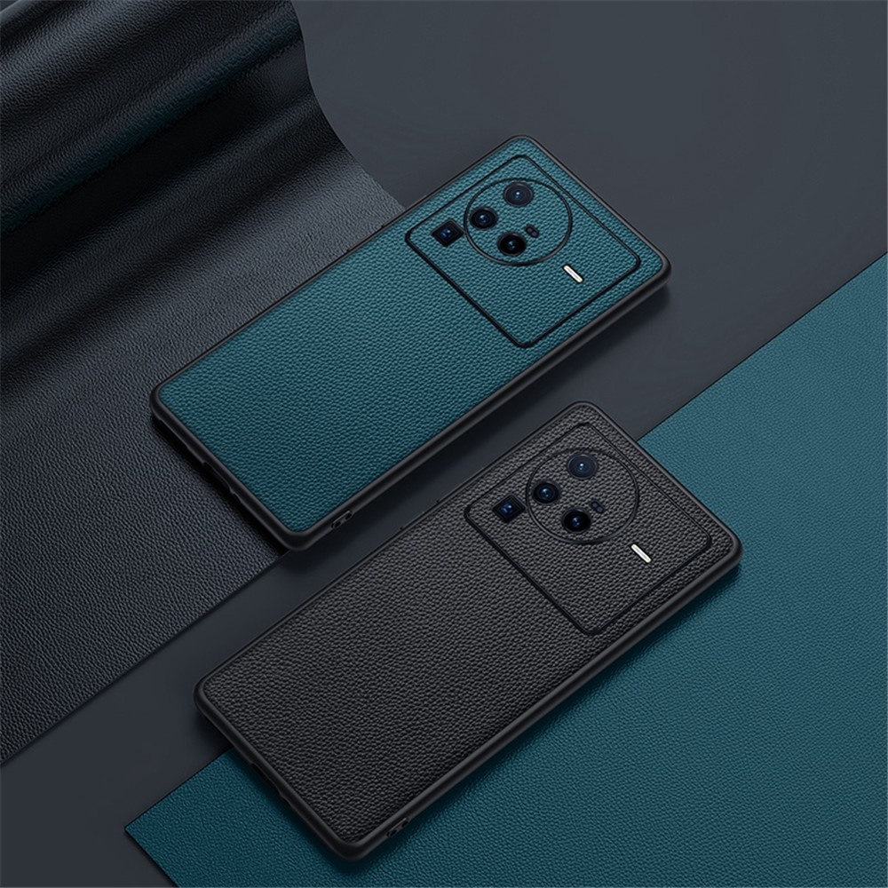 Precise Cutout Litchi Texture Phone Case for vivo X80 Pro, Genuine Cowhide Leather Coated TPU Cover with Lens Protection - Sapphire-7