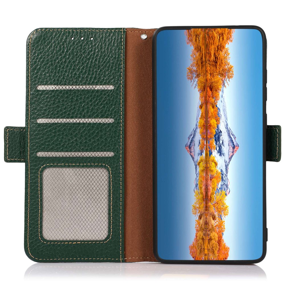 KHAZNEH RFID Blocking Genuine Leather Case for Oppo Reno8 Pro 5G, Litchi Texture Stand Wallet Magnetic Clasp Phone Cover - Green-3