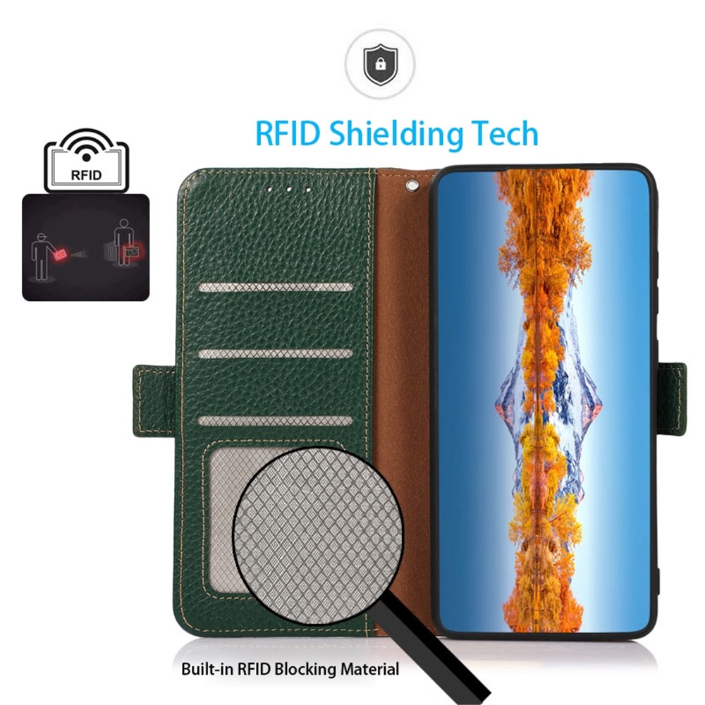 KHAZNEH RFID Blocking Genuine Leather Case for Oppo Reno8 Pro 5G, Litchi Texture Stand Wallet Magnetic Clasp Phone Cover - Green-4
