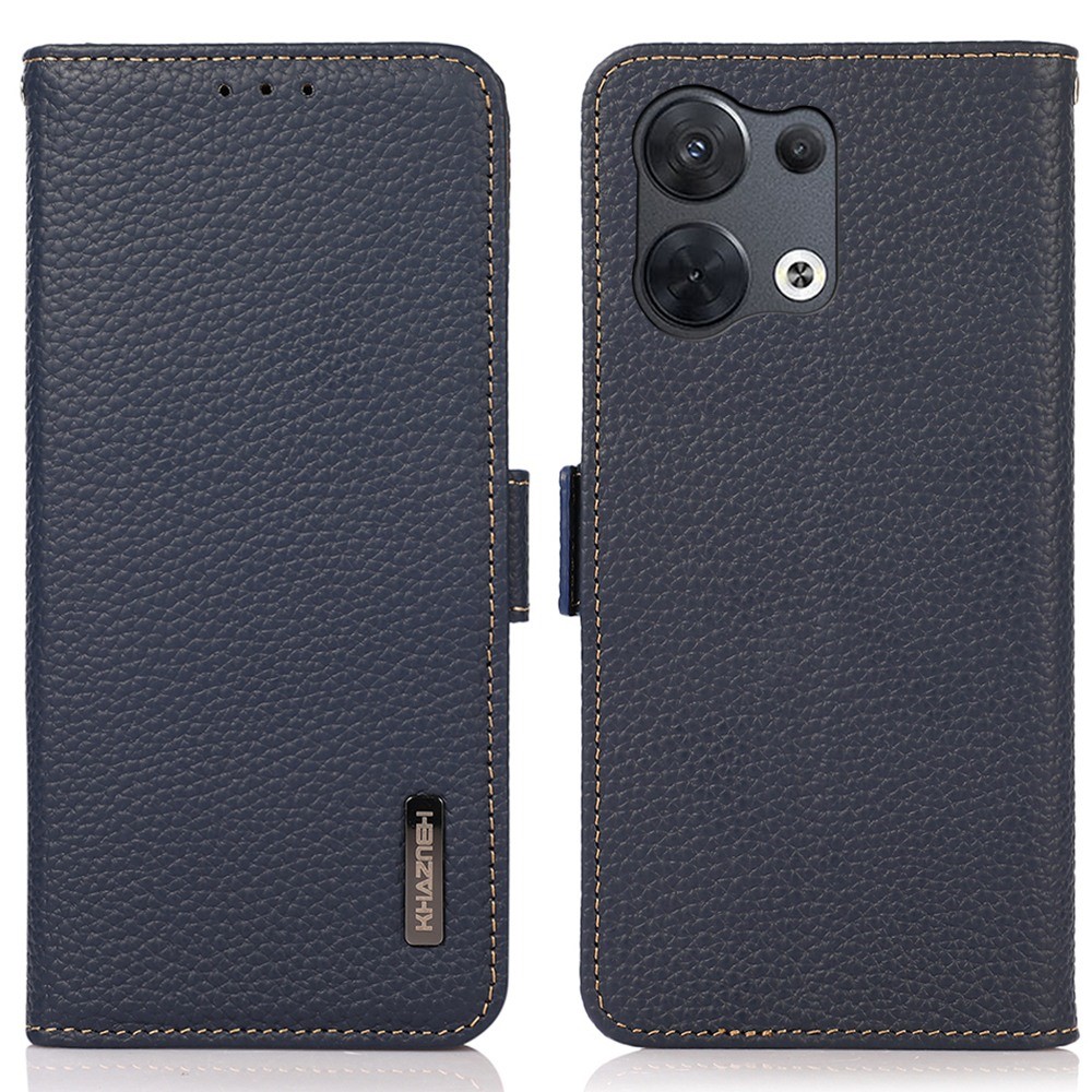 KHAZNEH Genuine Leather Phone Case for Oppo Reno8 Pro+ 5G, Litchi Texture Protective Cover with RFID Blocking and Wallet Stand - Blue-1
