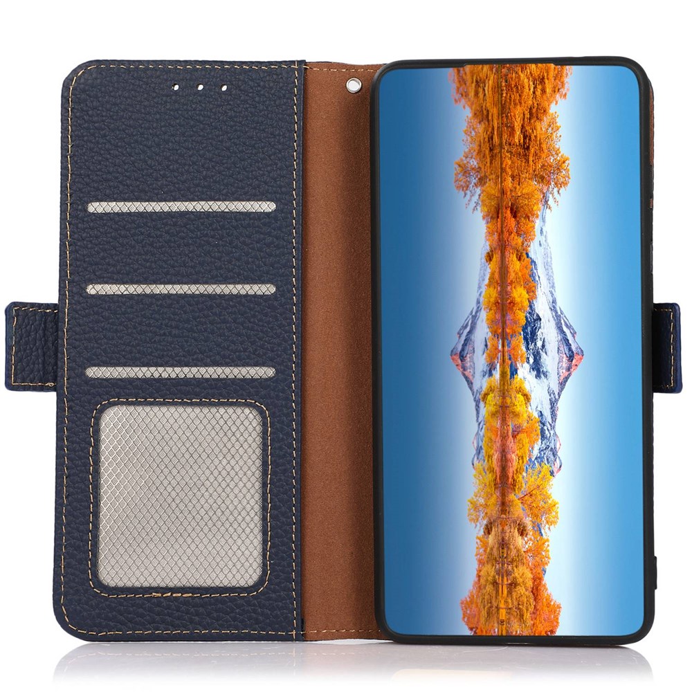 KHAZNEH Genuine Leather Phone Case for Oppo Reno8 Pro+ 5G, Litchi Texture Protective Cover with RFID Blocking and Wallet Stand - Blue-3