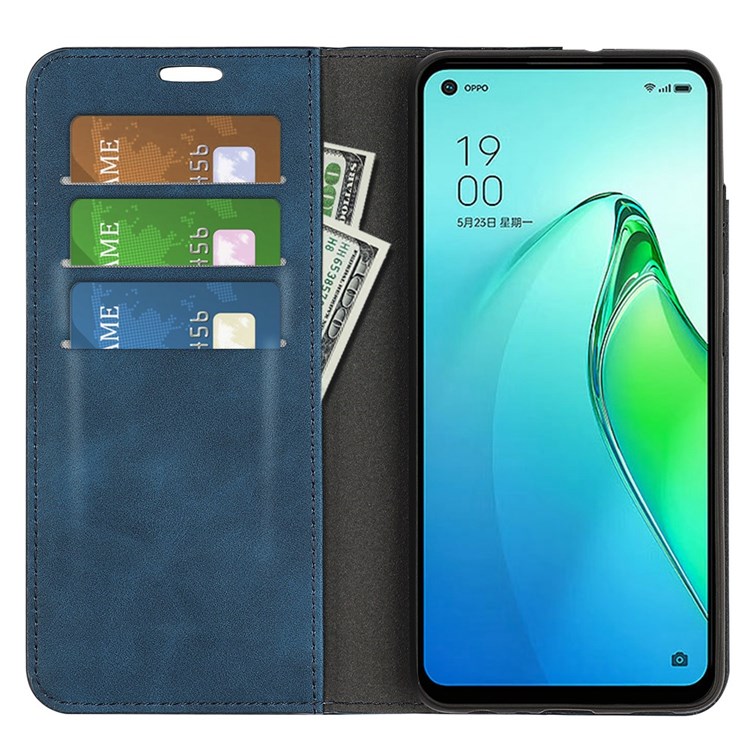 For Oppo Reno8 Pro 5G PU Leather Anti-wear Wallet Style Cover Magnetic Auto-absorbed Skin Touch Feeling Phone Case with Foldable Stand - Blue-2