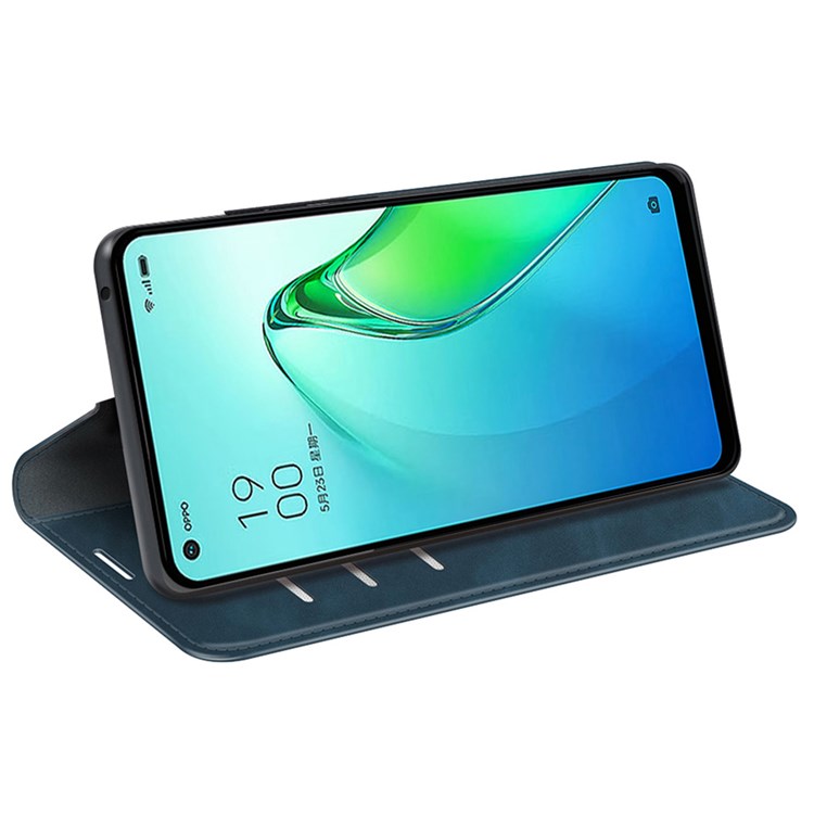 For Oppo Reno8 Pro 5G PU Leather Anti-wear Wallet Style Cover Magnetic Auto-absorbed Skin Touch Feeling Phone Case with Foldable Stand - Blue-3