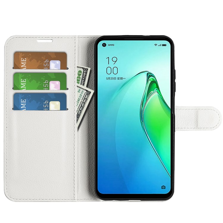 Litchi Texture Case for Oppo Reno8 Pro 5G, Foldable Stand PU Leather Wallet Full Body Protection Cell Phone Cover - White-2