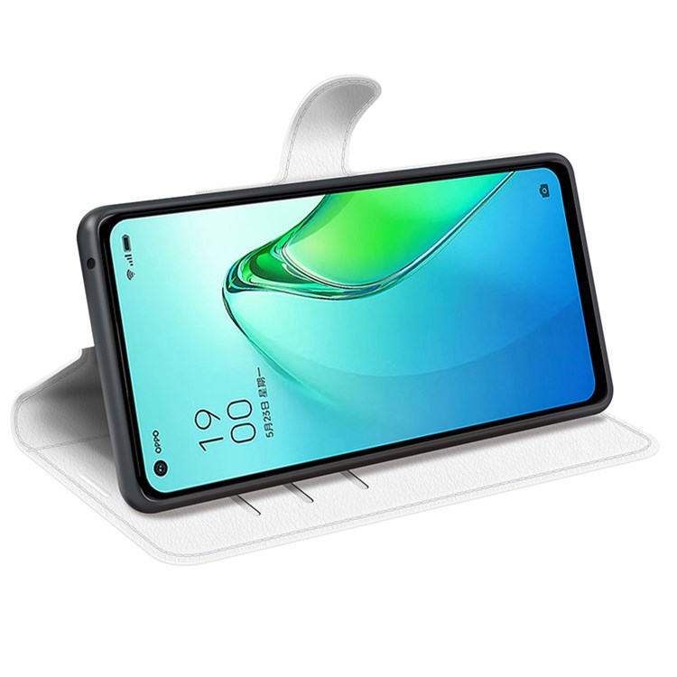 Litchi Texture Case for Oppo Reno8 Pro 5G, Foldable Stand PU Leather Wallet Full Body Protection Cell Phone Cover - White-3