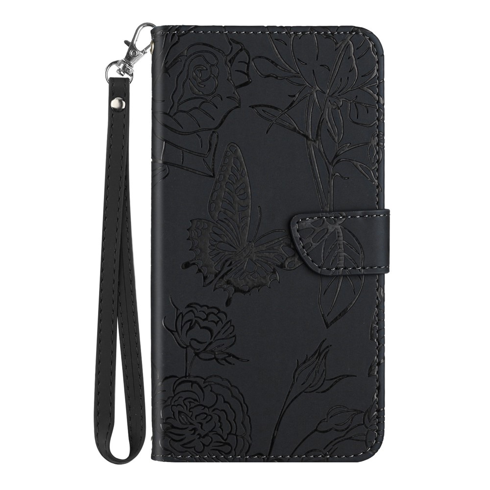 Leather Case for Oppo F21 Pro 4G/Reno7 4G Anti-fall Flip Case Butterfly Flowers Imprinting Skin-touch Feeling Well Protection Phone Cover Wallet Stand with Handy Strap - Black-8