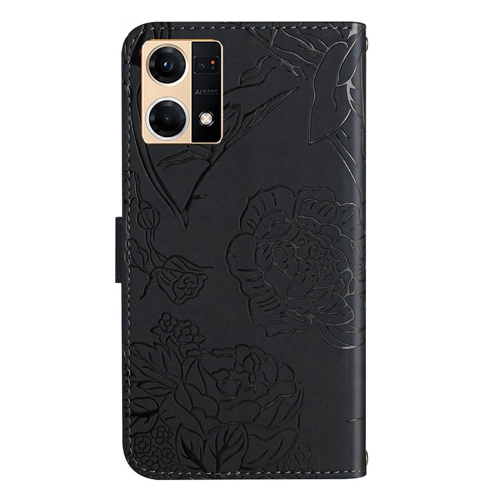 Leather Case for Oppo F21 Pro 4G/Reno7 4G Anti-fall Flip Case Butterfly Flowers Imprinting Skin-touch Feeling Well Protection Phone Cover Wallet Stand with Handy Strap - Black-9