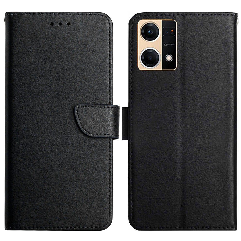 For Oppo F21 Pro 4G/Reno7 4G HT02 Genuine Leather Wallet Flip Phone Case Nappa Texture Viewing Stand Magnetic Protective Cover - Black-1