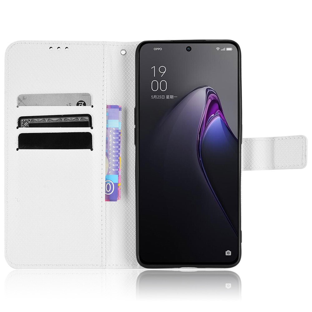 Magnetic Clasp Diamond Textured Leather Case for Oppo Reno8 Pro 5G, Full Protection Wallet Stand Phone Cover - White-2
