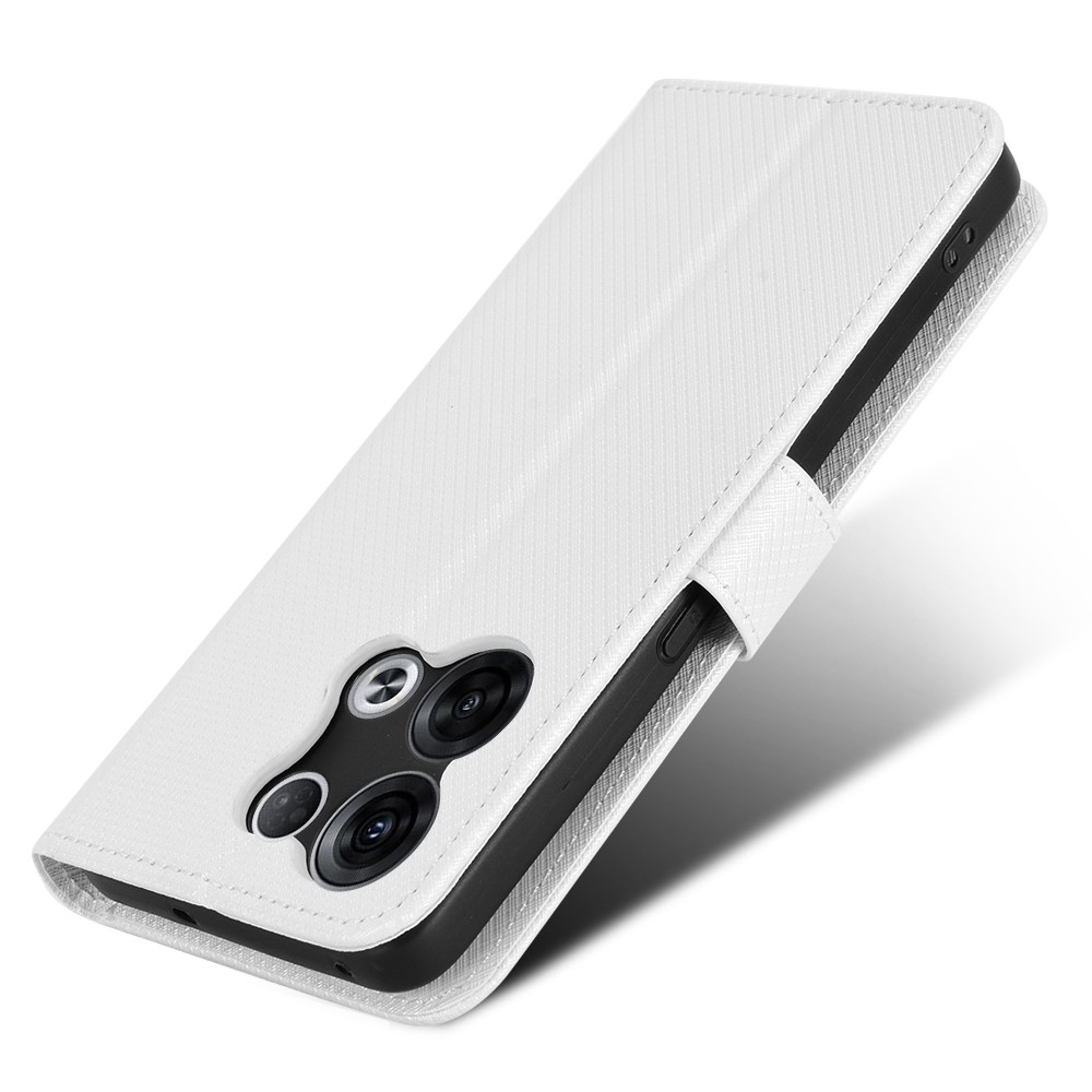 Magnetic Clasp Diamond Textured Leather Case for Oppo Reno8 Pro 5G, Full Protection Wallet Stand Phone Cover - White-5