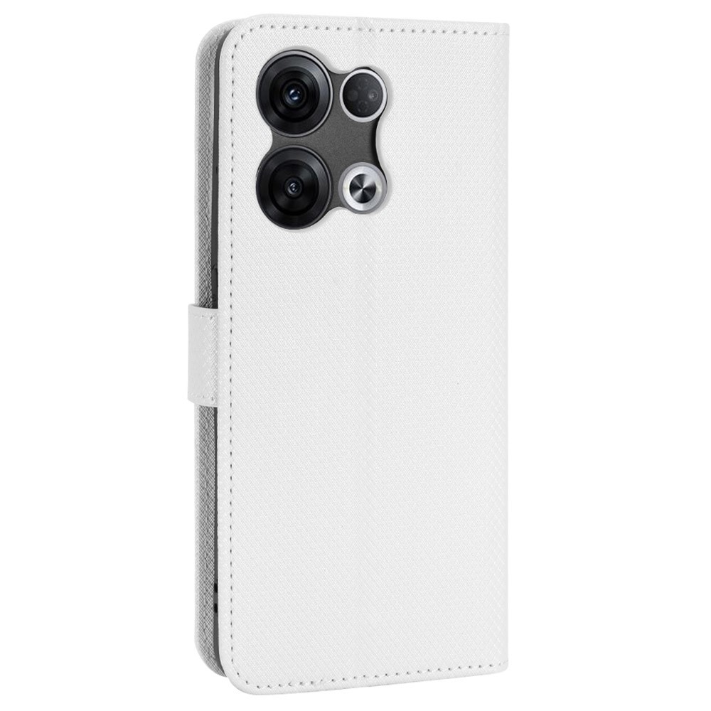 Magnetic Clasp Diamond Textured Leather Case for Oppo Reno8 Pro 5G, Full Protection Wallet Stand Phone Cover - White-7