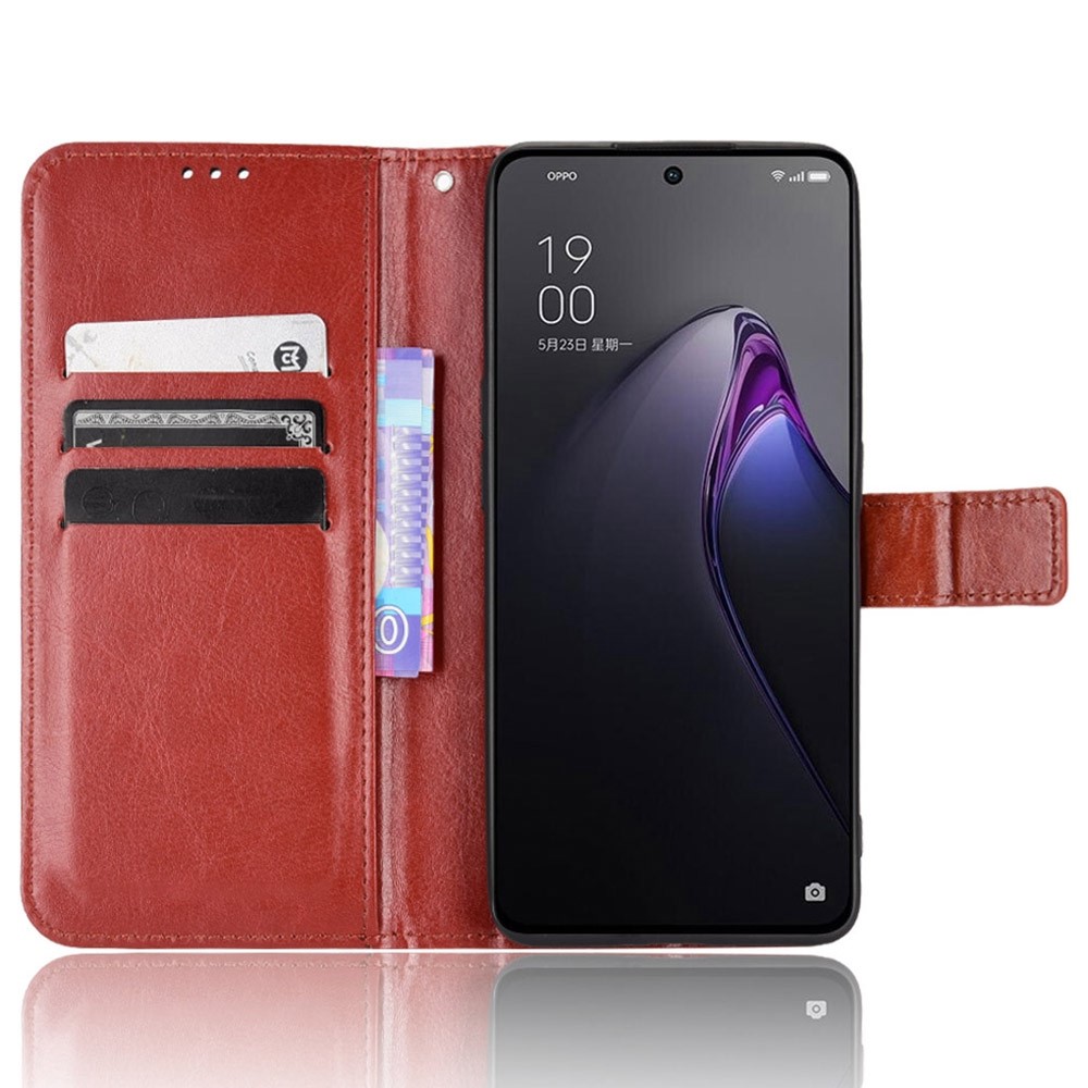 For Oppo Reno8 Pro 5G Stand Wallet Phone Case Crazy Horse Texture PU Leather Cover Inner TPU Shell - Brown-2