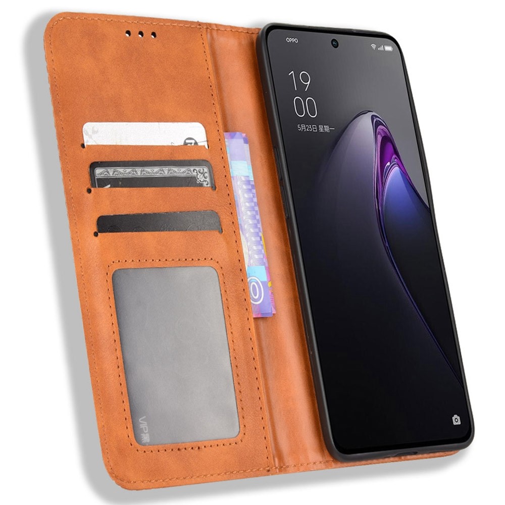 For Oppo Reno8 Pro+ 5G Retro Texture PU Leather Stand Wallet Cover Magnetic Auto Closing Phone Case - Brown-2