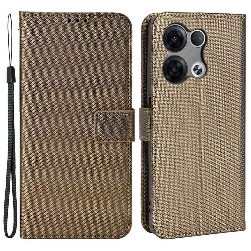 Anti-scratch Diamond Texture Case for Oppo Reno8 5G, PU Leather Stand Cover Wallet Flip Phone Shell - Brown-1
