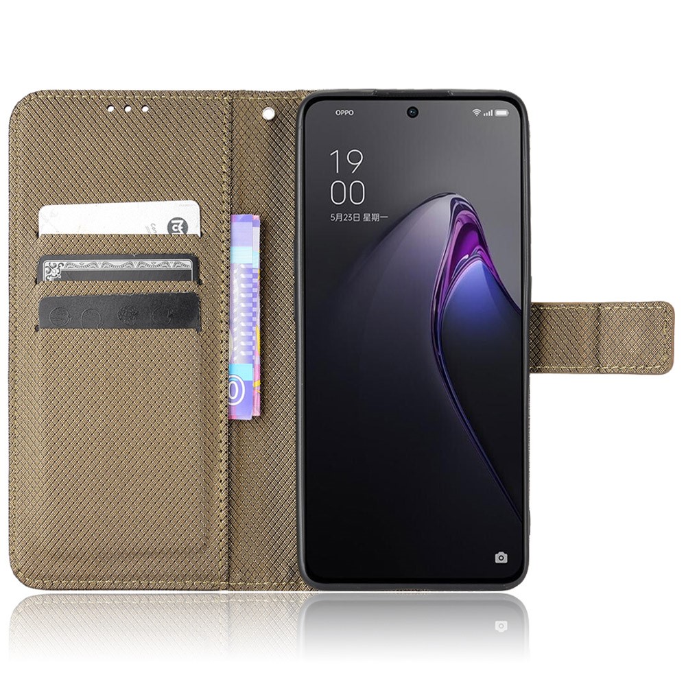 Anti-scratch Diamond Texture Case for Oppo Reno8 5G, PU Leather Stand Cover Wallet Flip Phone Shell - Brown-2