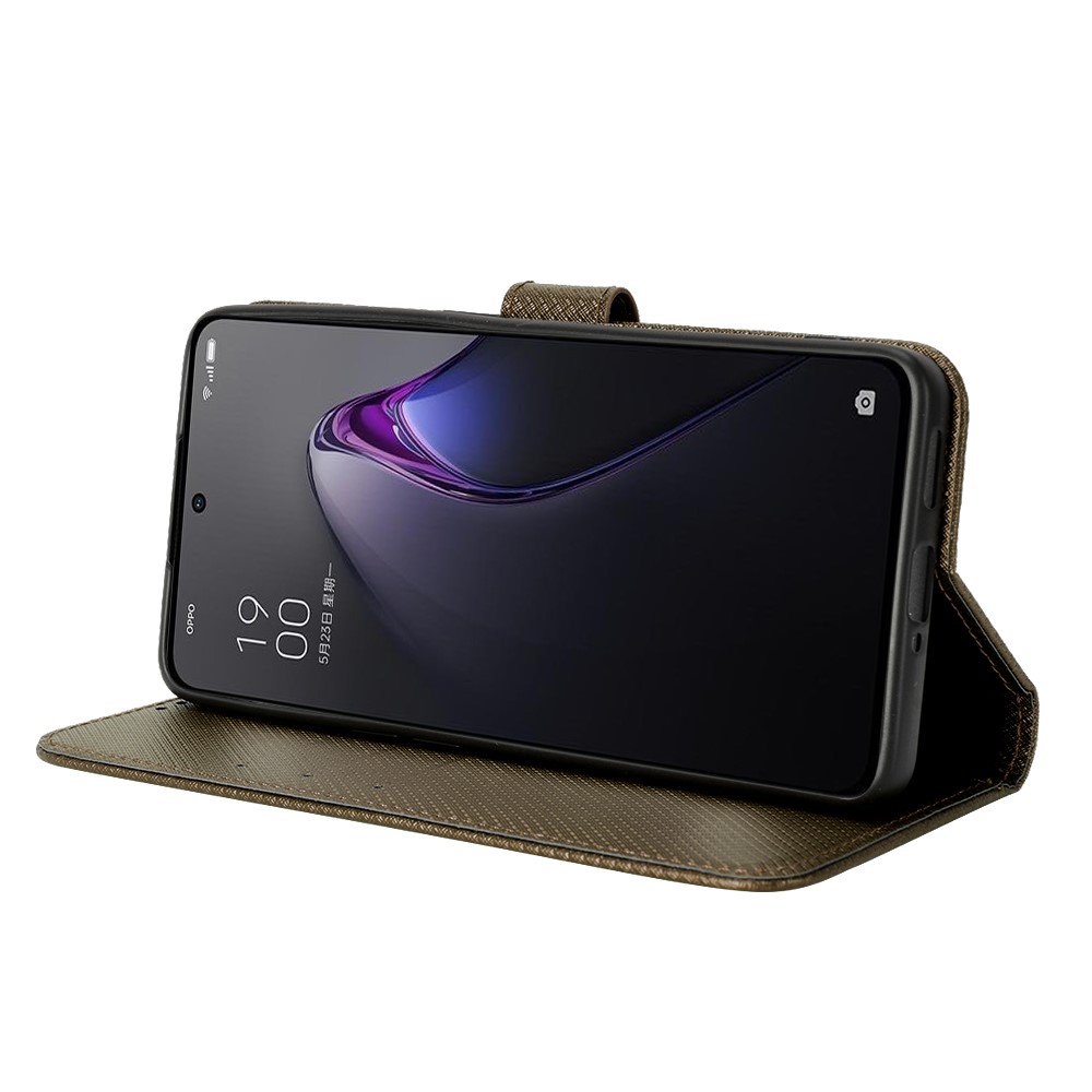 Anti-scratch Diamond Texture Case for Oppo Reno8 5G, PU Leather Stand Cover Wallet Flip Phone Shell - Brown-3
