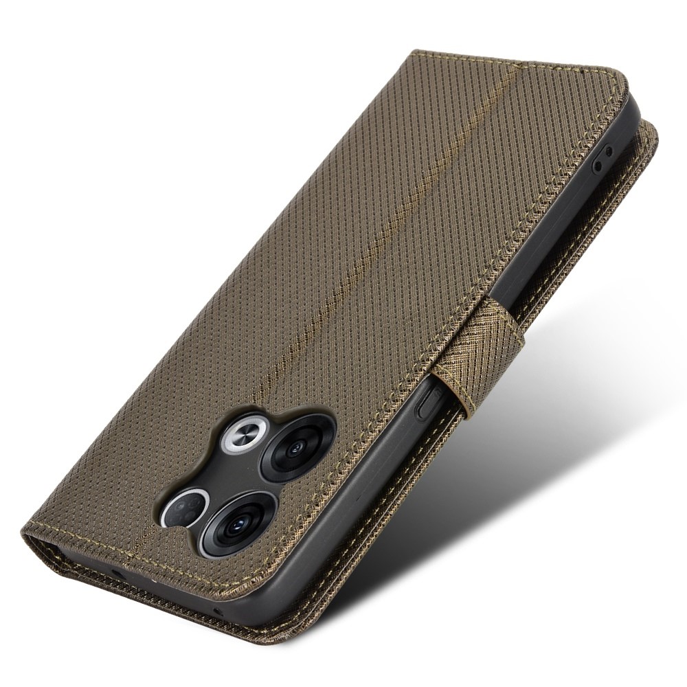 Anti-scratch Diamond Texture Case for Oppo Reno8 5G, PU Leather Stand Cover Wallet Flip Phone Shell - Brown-5