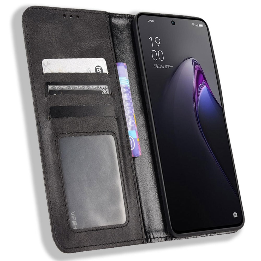 For Oppo Reno8 5G Folio Flip PU Leather Retro Texture Phone Case Stand Wallet Drop-proof Cover - Black-2
