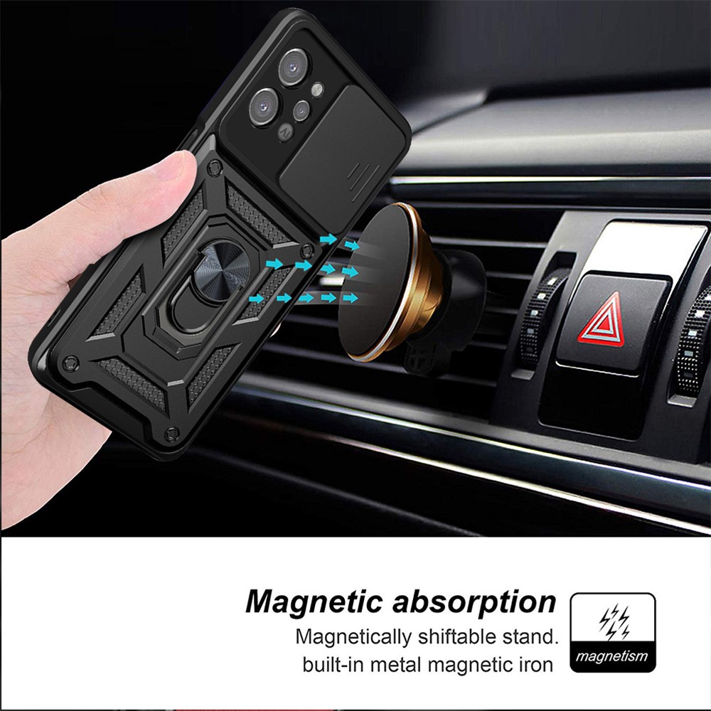 For Realme C31 Slide Camera Protection PC + TPU Ring Kickstand Case Anti-drop Phone Cover - Black-3