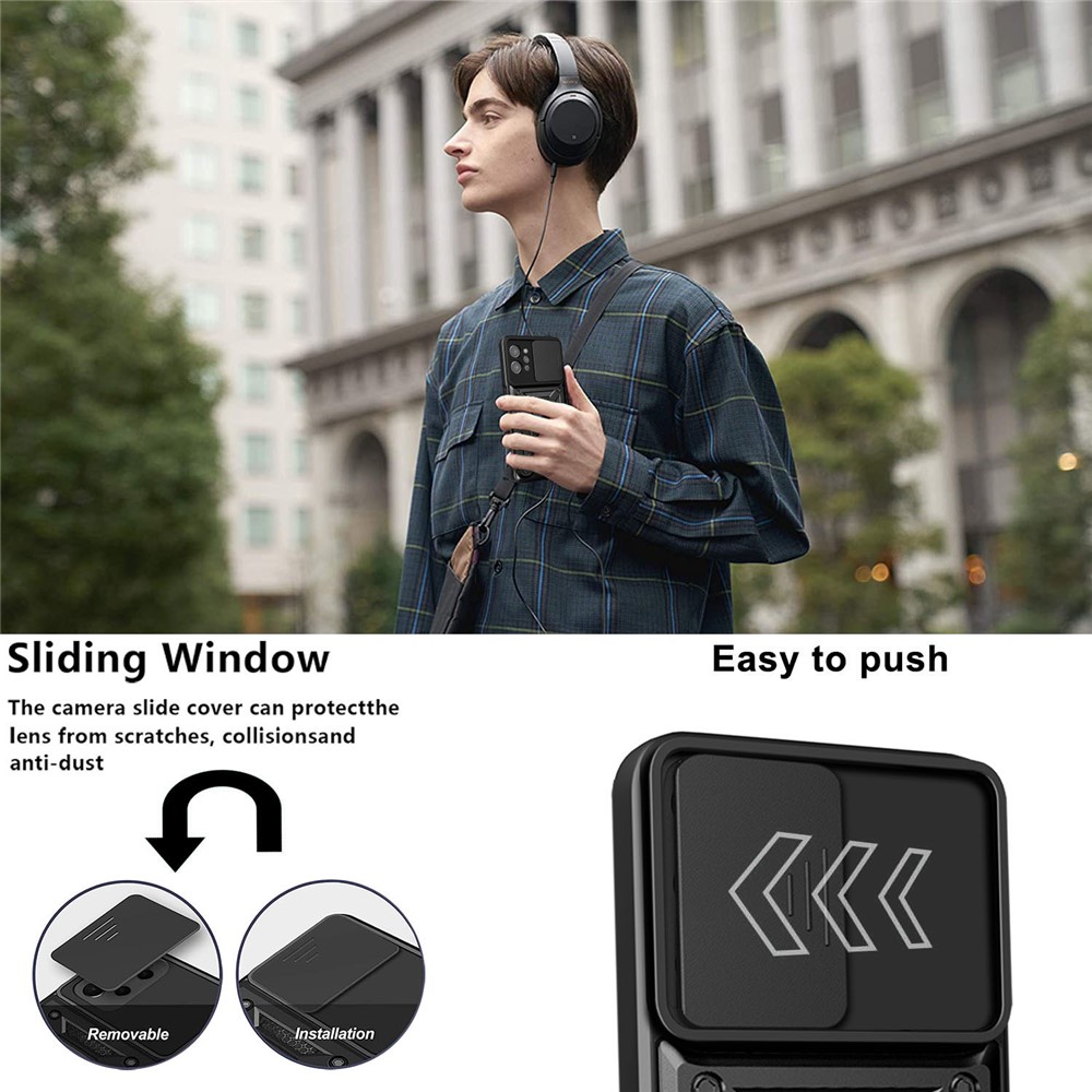 For Realme C31 Slide Camera Protection PC + TPU Ring Kickstand Case Anti-drop Phone Cover - Black-4