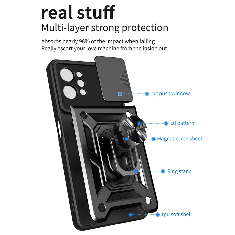 For Realme C31 Slide Camera Protection PC + TPU Ring Kickstand Case Anti-drop Phone Cover - Black-8