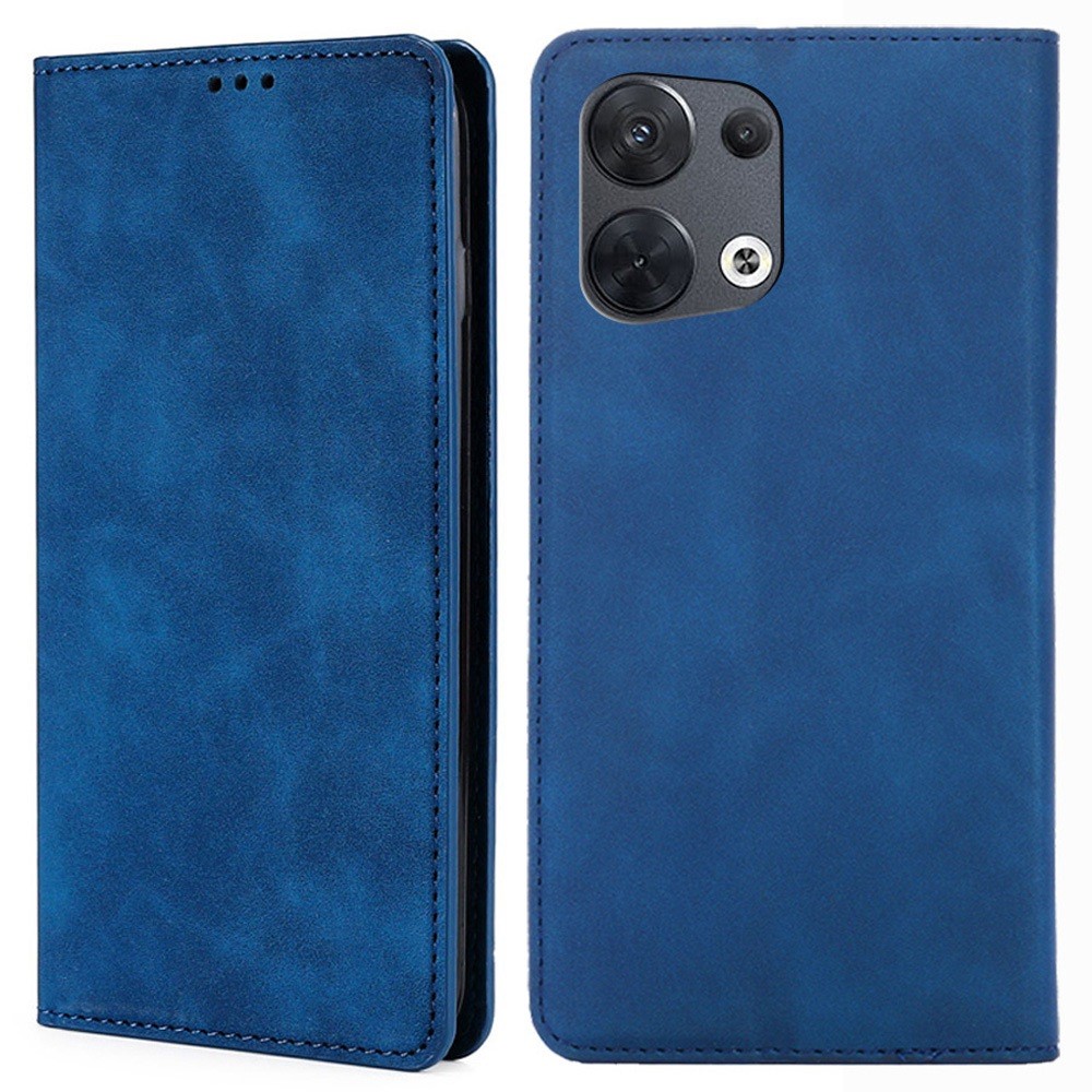 For Oppo Reno8 5G Anti-scratch PU Leather Phone Case Skin-touch Feeling Card Holder Magnetic Auto-absorbed Phone Stand Cover - Blue-1