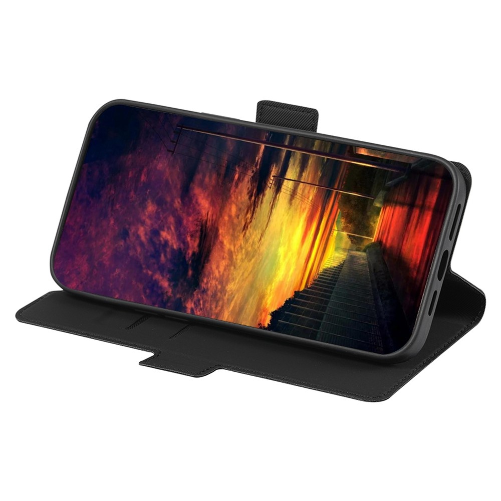 For Oppo Reno8 Pro 5G Shock Absorption Phone Cover Twill Texture Ultra-slim Wear-resistant Flip PU Leather Case Wallet Style Card Holder with Stand - Black-2