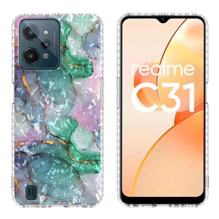 YB IMD Series-13 Phone Case for Realme C31 4G, Shell Pattern Airbag Anti-fall 2.0mm Flexible TPU IMD IML Anti-fingerprint Phone Case - BK011-Green Marble-1