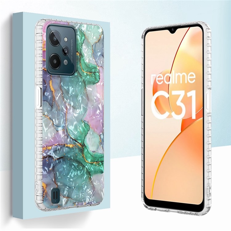 YB IMD Series-13 Phone Case for Realme C31 4G, Shell Pattern Airbag Anti-fall 2.0mm Flexible TPU IMD IML Anti-fingerprint Phone Case - BK011-Green Marble-2