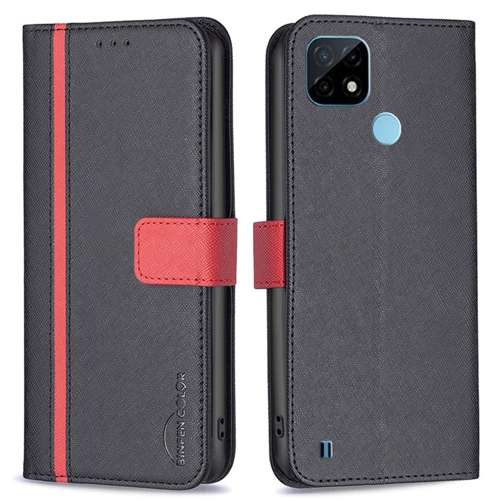 BINFEN COLOR for Realme C20/C21 4G BF Leather Series-9 Wallet Magnetic Case Cross Texture Style 13 Splicing PU Leather Stand Folio Book Flip Cover - Black-1