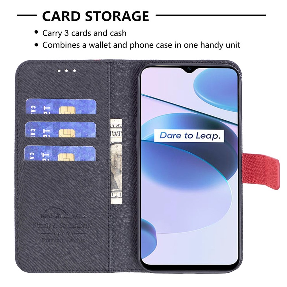 BINFEN COLOR for Realme C20/C21 4G BF Leather Series-9 Wallet Magnetic Case Cross Texture Style 13 Splicing PU Leather Stand Folio Book Flip Cover - Black-3