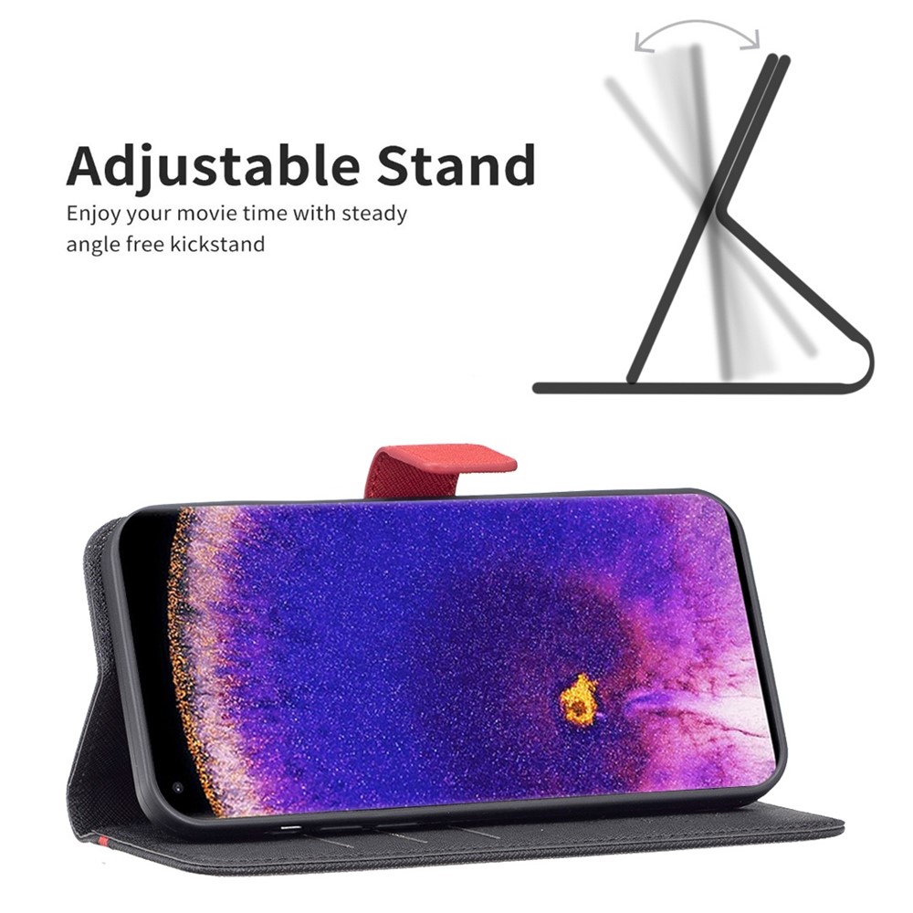 BINFEN COLOR for Oppo A16/A16s/A54 4G/A54s/A55 5G BF Leather Series-9 Wallet Case Style 13 Splicing Leather Cross Texture Magnetic Closure Stand Cover - Black-2