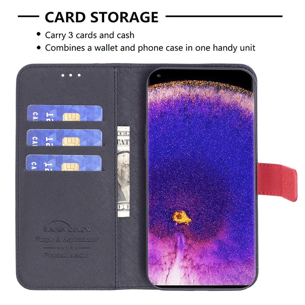 BINFEN COLOR for Oppo A16/A16s/A54 4G/A54s/A55 5G BF Leather Series-9 Wallet Case Style 13 Splicing Leather Cross Texture Magnetic Closure Stand Cover - Black-3