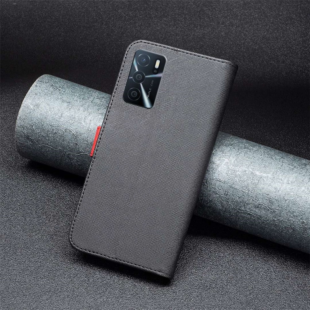 BINFEN COLOR for Oppo A16/A16s/A54 4G/A54s/A55 5G BF Leather Series-9 Wallet Case Style 13 Splicing Leather Cross Texture Magnetic Closure Stand Cover - Black-5