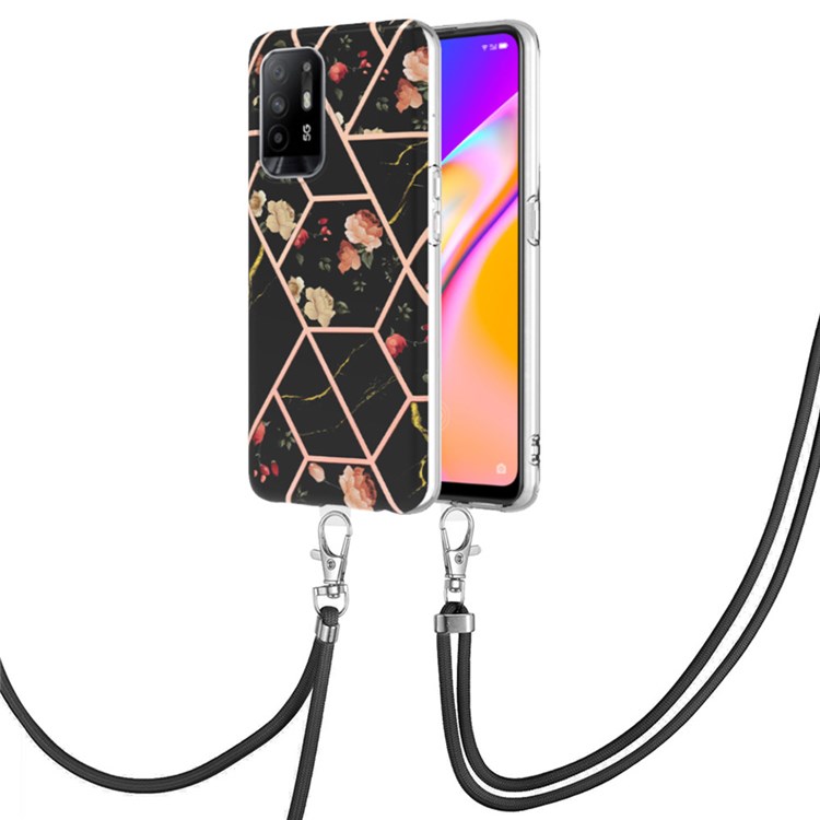 For Oppo A94 5G/A95 5G Phone Case YB IMD Series-4 IMD IML TPU Phone Cover Electroplating Marble Flower Pattern Case with Lanyard - Black Flowers-1