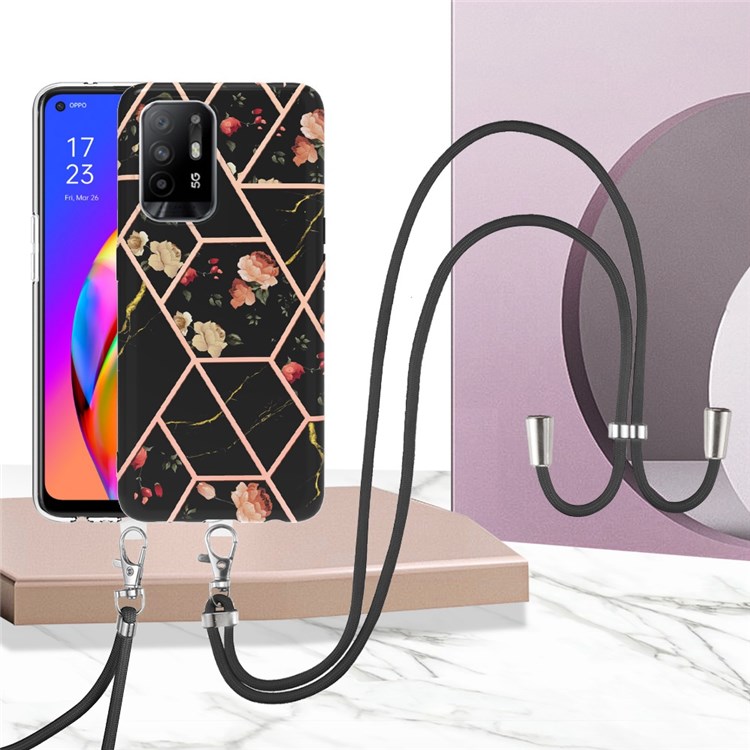 For Oppo A94 5G/A95 5G Phone Case YB IMD Series-4 IMD IML TPU Phone Cover Electroplating Marble Flower Pattern Case with Lanyard - Black Flowers-2