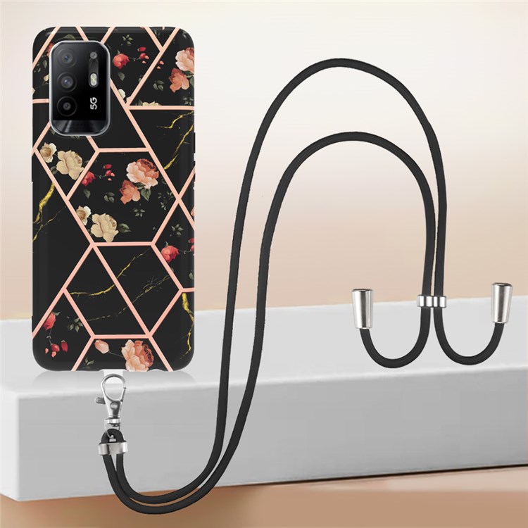 For Oppo A94 5G/A95 5G Phone Case YB IMD Series-4 IMD IML TPU Phone Cover Electroplating Marble Flower Pattern Case with Lanyard - Black Flowers-5
