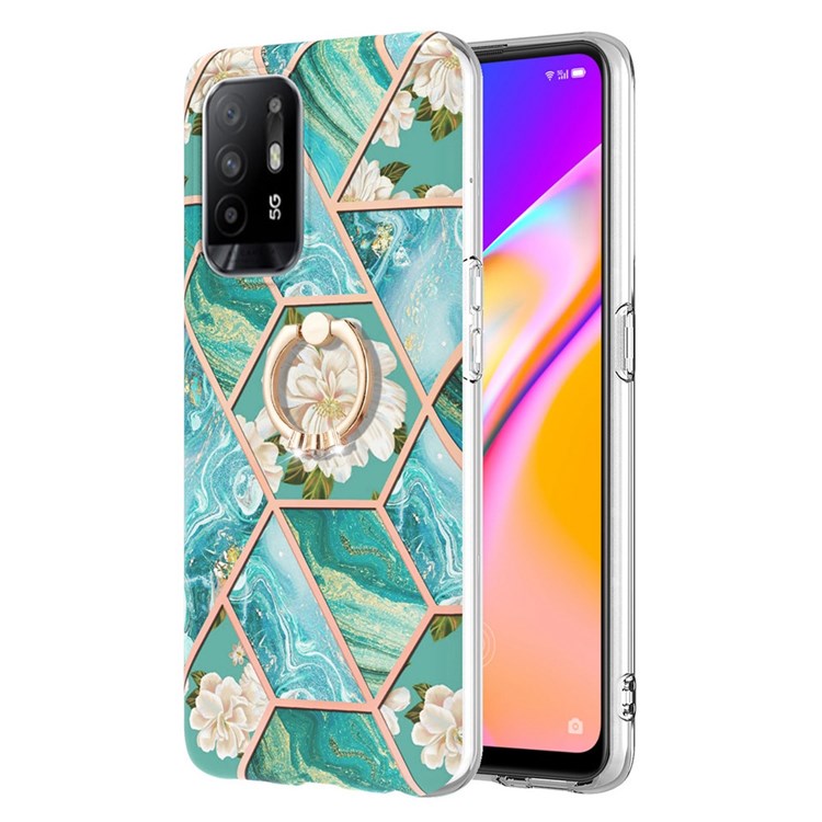 For Oppo A94 5G/A95 5G Protective Case YB IMD Series-6 Marble Pattern TPU Case with Ring Kickstand Anti-Drop IMD Back Cover - Blue Flowers-1