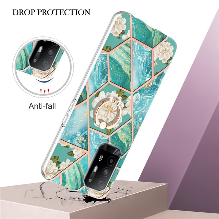 For Oppo A94 5G/A95 5G Protective Case YB IMD Series-6 Marble Pattern TPU Case with Ring Kickstand Anti-Drop IMD Back Cover - Blue Flowers-2